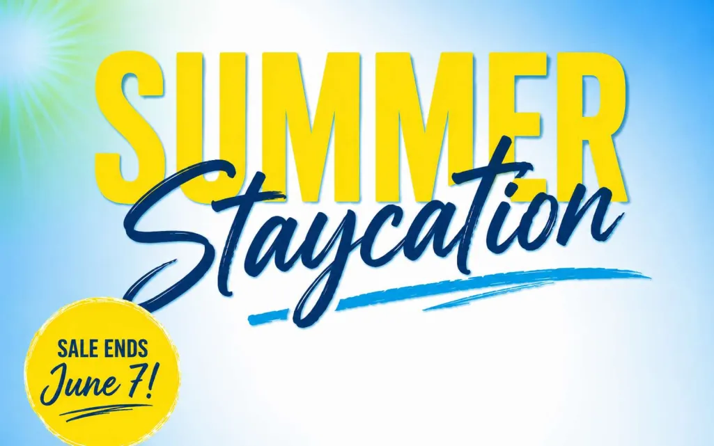 Bright summer staycation sale banner with yellow and blue text and sale ends June 7 reminder on sunny background
