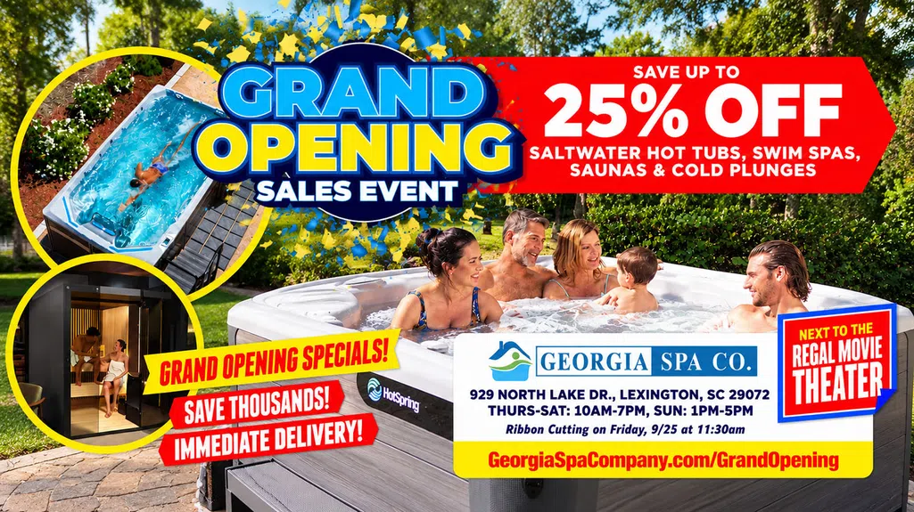 Family enjoying hot tub during Georgia Spa Co. grand opening sales event with 25% off specials