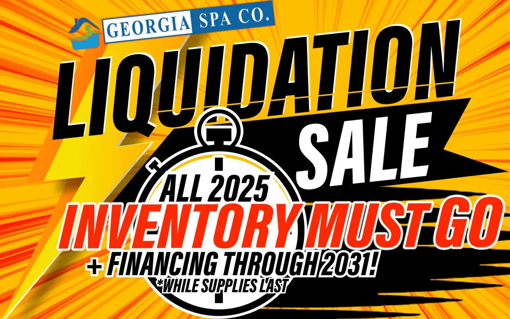 Bold liquidation sale ad for Georgia Spa Co. with inventory clearance and financing through 2031 in vibrant colors.