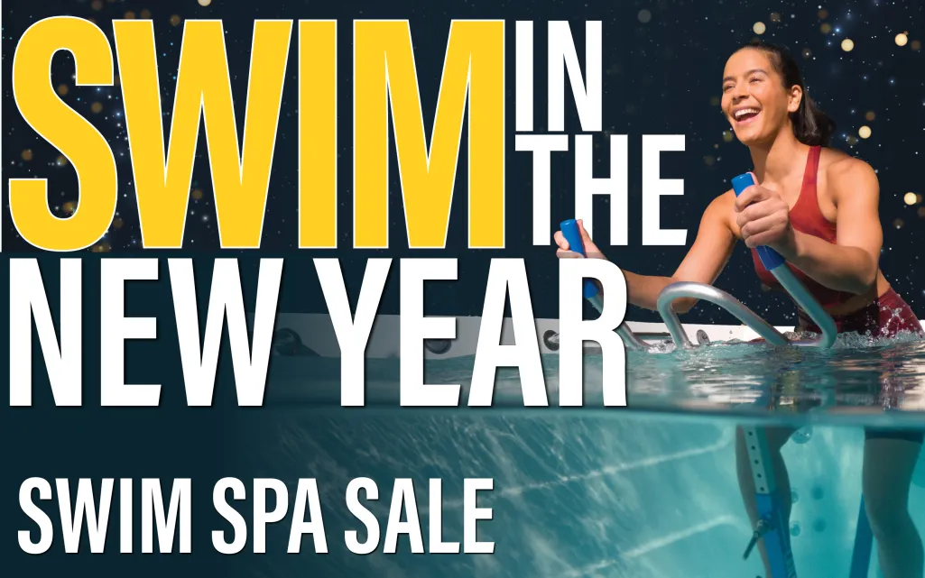 Smiling woman using swim spa exercise equipment with Swim Spa Sale and Swim in the New Year text overlay.