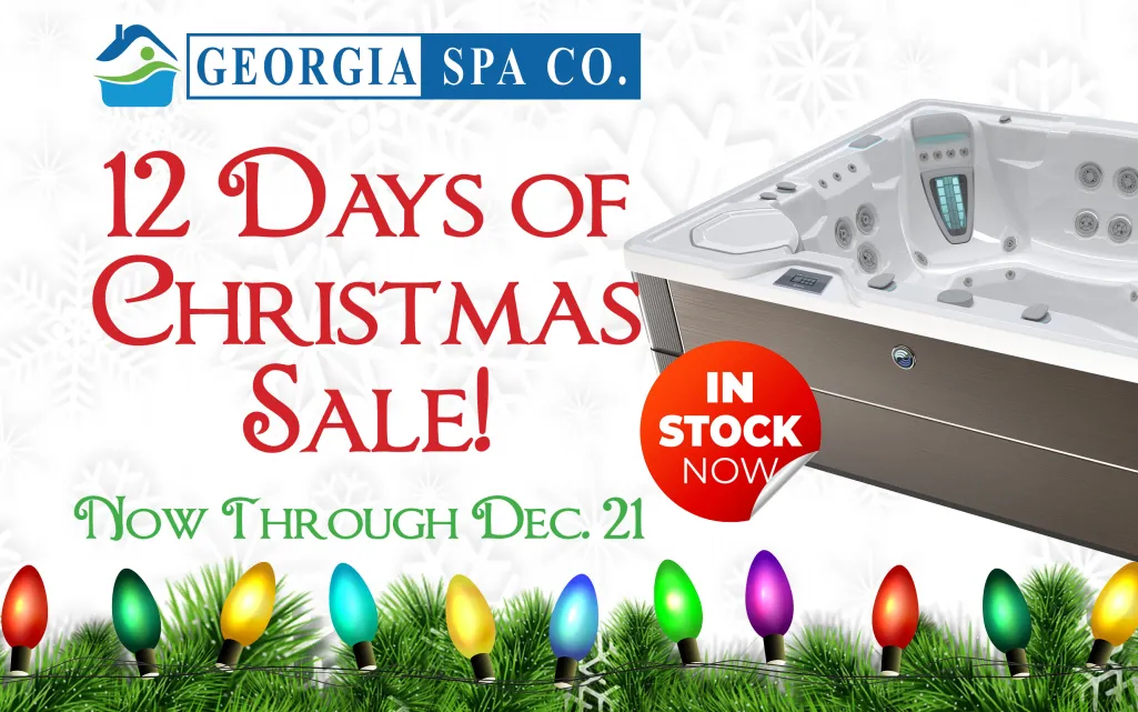 Georgia Spa Co. Christmas sale banner with spa hot tub, holiday lights, and sale details through December 21st.