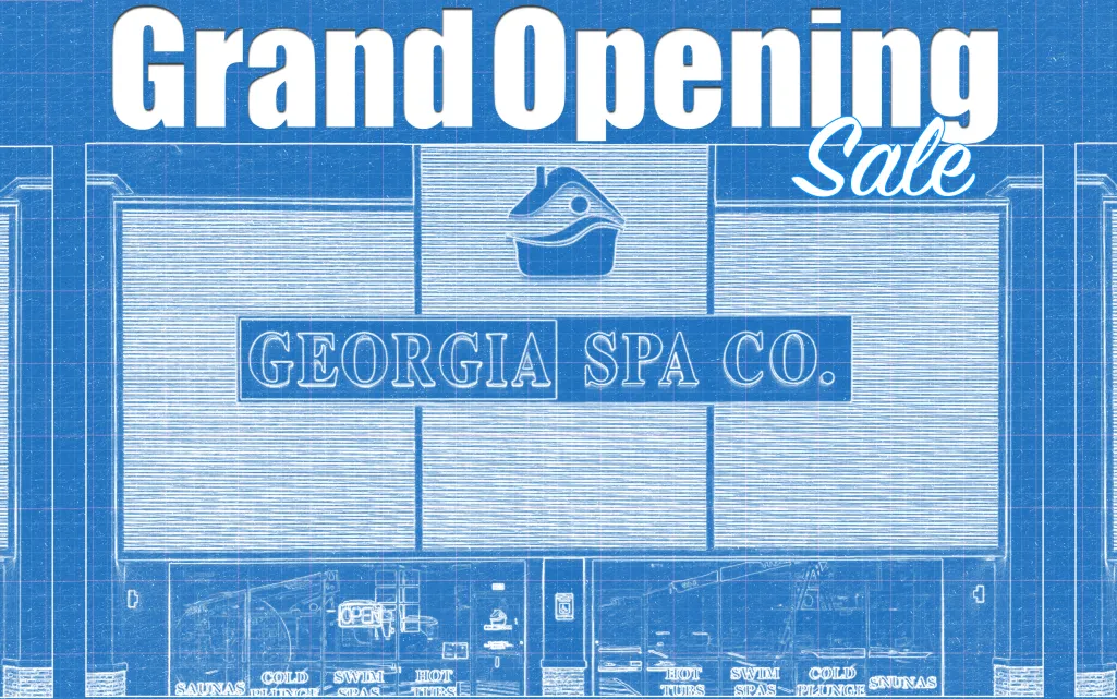 Blueprint style image promoting Georgia Spa Co. grand opening sale with building facade and signage.