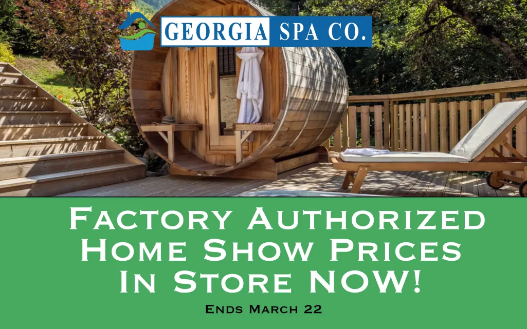 Outdoor wooden barrel sauna with lounge chair on sunny patio at Georgia Spa Co. promotion