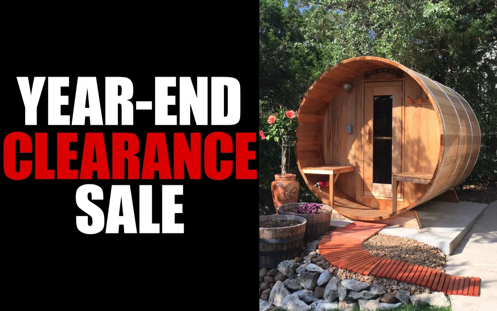 Year-end clearance sale promotion next to a wooden barrel sauna in a garden with stone and wood pathway.