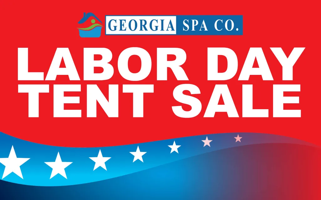 Georgia Spa Co. Labor Day Tent Sale with patriotic red, white, and blue colors and star designs