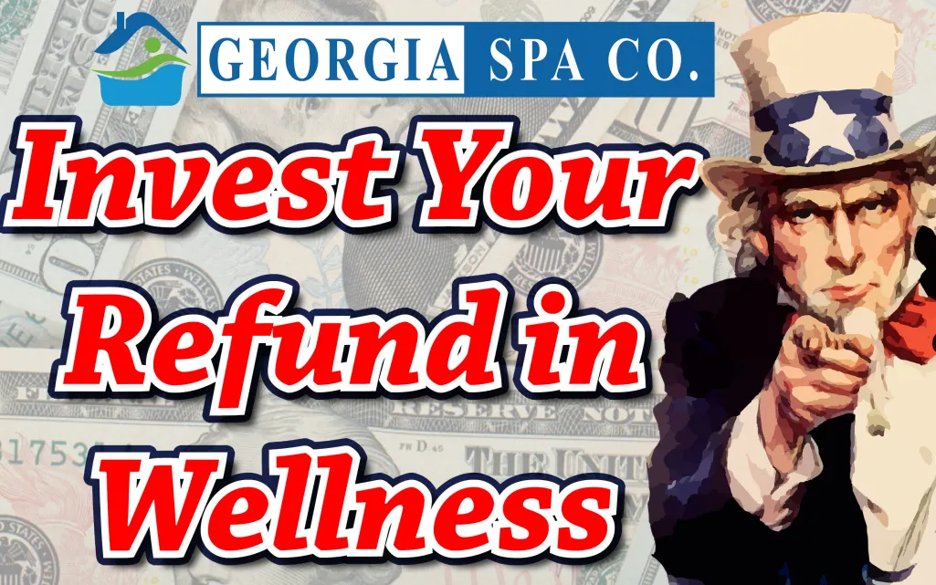 Person swimming in an Endless Pools fitness system swim spa outdoors with promotional text for Georgia Spa Co.
