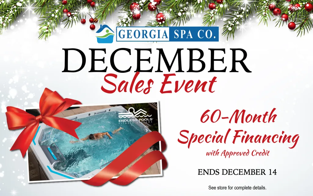Georgia Spa Co. December sales event with 60-month special financing on Endless Pools, festive holiday design.
