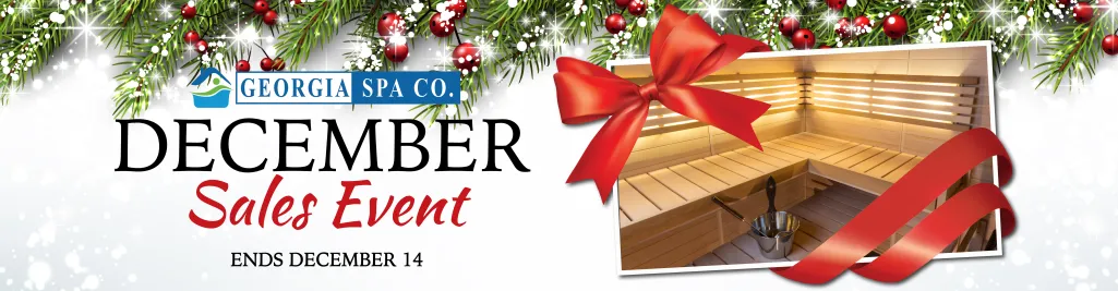 Georgia Spa Co. December sales event with sauna image, holiday greenery, and red bow ending December 14.