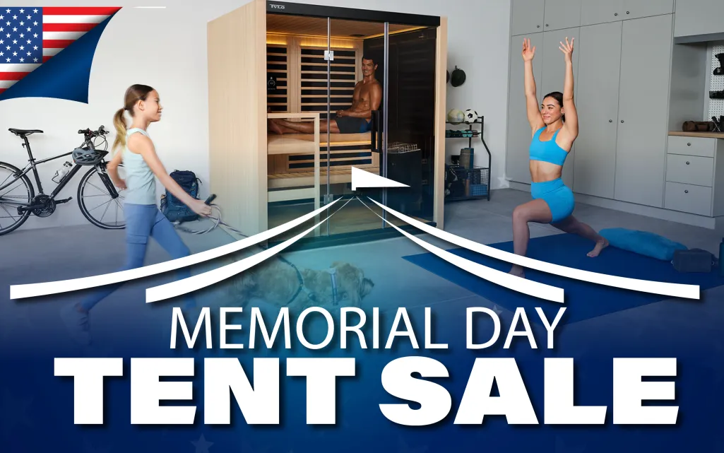 Memorial Day tent sale promotion showing people exercising and relaxing indoors with fitness and sauna equipment