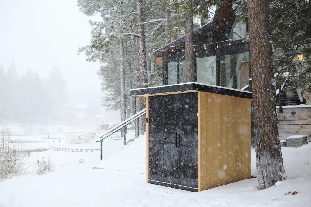 Modern black and wooden shed in snow-covered yard beside glass cabin with pine trees during snowfall.