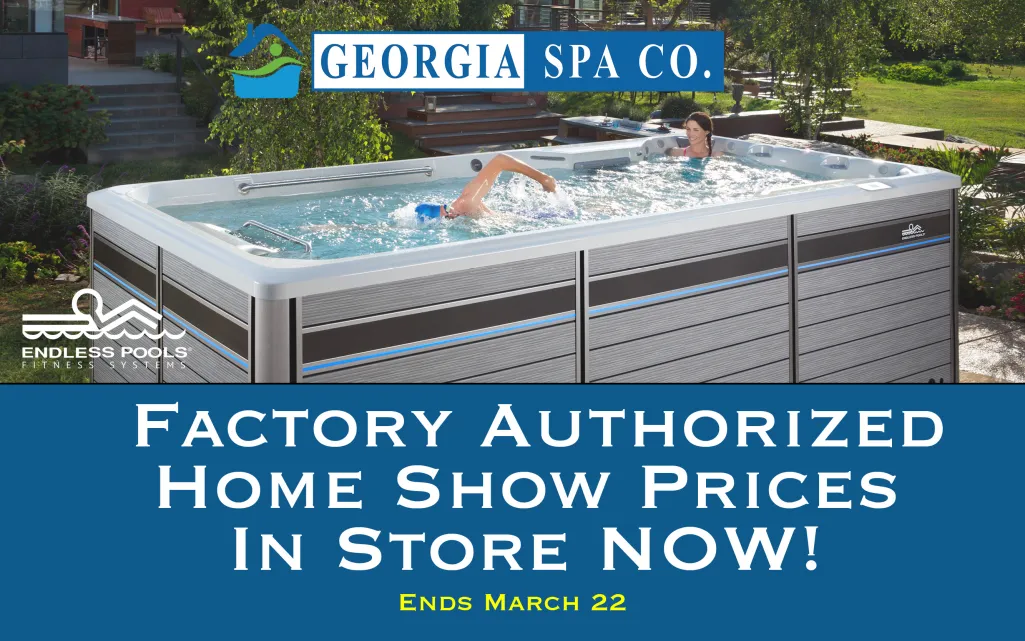 Swimmer and relaxed woman in Endless Pools swim spa at Georgia Spa Co. with home show discount announcement.