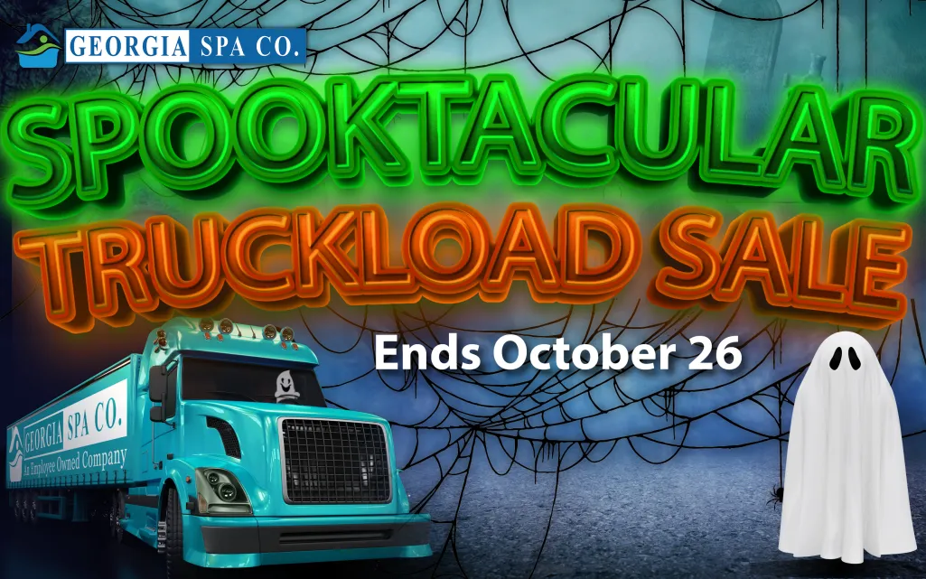 Georgia Spa Co. Spooktacular Truckload Sale ends October 26 with Halloween ghost and spider webs background.