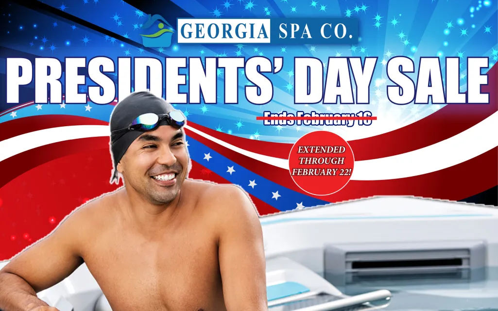 Smiling swimmer in goggles promoting Georgia Spa Co. Presidents' Day Sale extended through February 22 with patriotic background.
