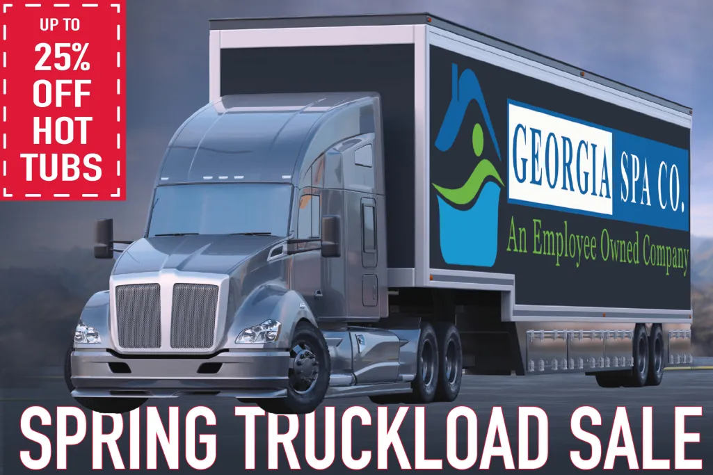 Semi-truck with Georgia Spa Co. branding promoting spring truckload sale and up to 25% off hot tubs.