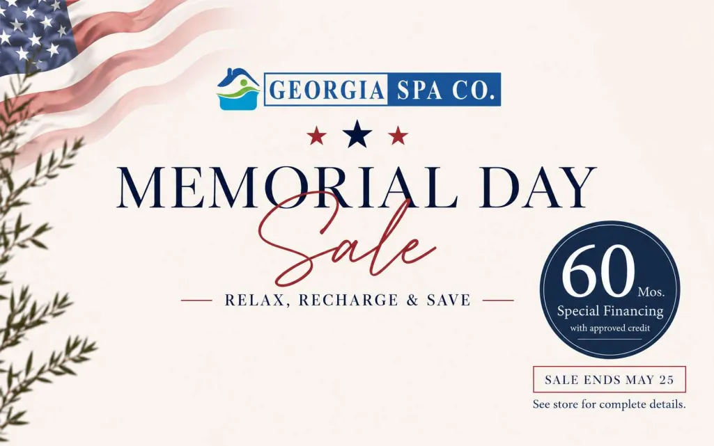 Georgia Spa Co. Memorial Day Sale ad with American flag, special financing, and sale end date May 25.