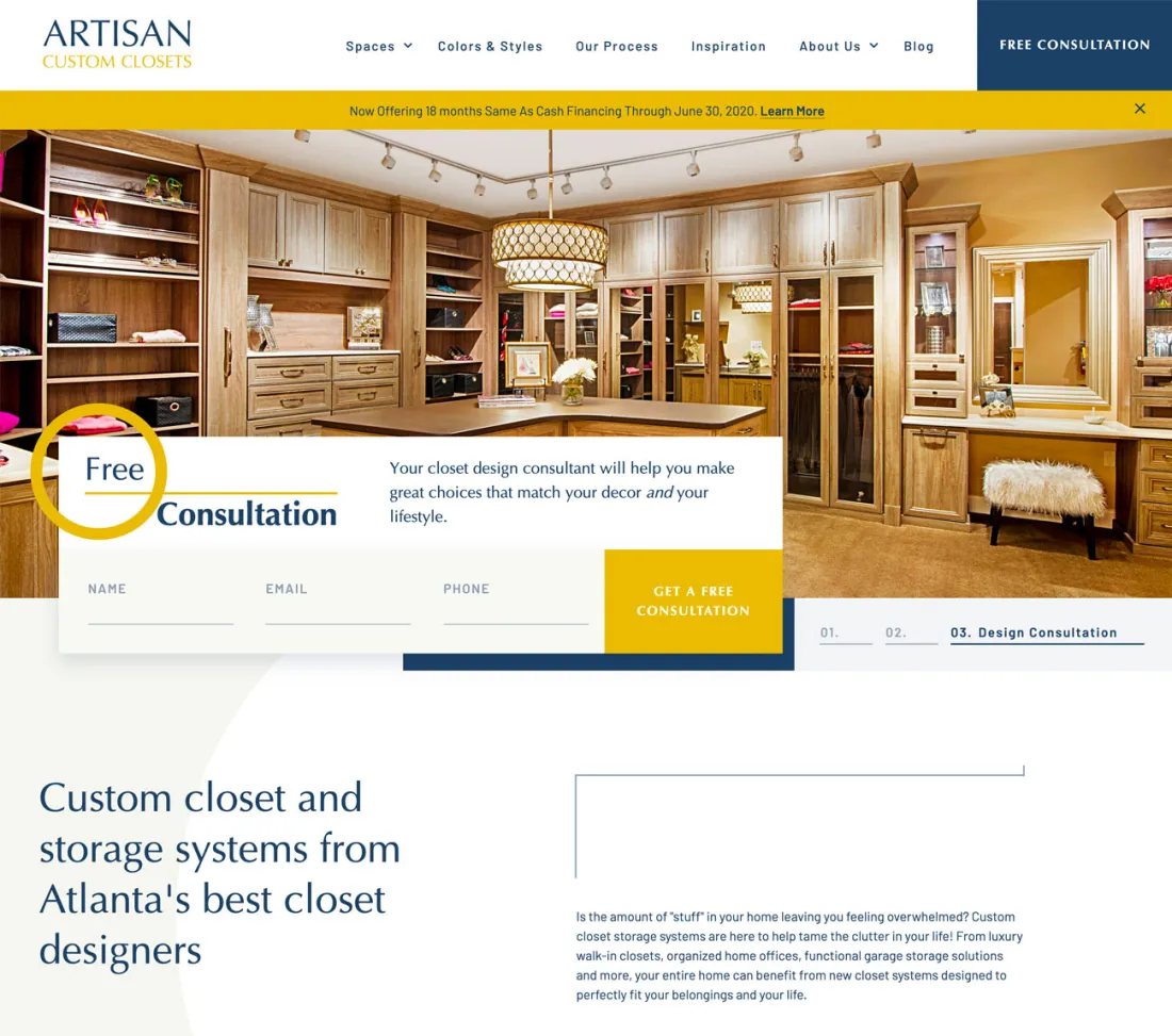Image of website for Artisan Custom Closets