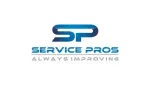 Blue and gray Service Pros logo with slogan Always Improving on white background