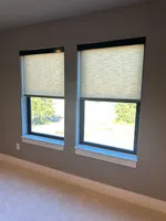 Two windows with beige roller blinds partially lowered in a gray carpeted room with natural light.