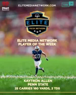 Football player Kaytron Allen of Penn State runs with ball, Elite Media Network Player of the Week honored.