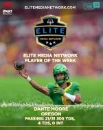 Oregon football player Dante Moore named Elite Media Network Player of the Week with stats displayed on field background.