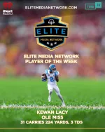 Football player Kewan Lacy from Ole Miss awarded Elite Media Network Player of the Week with stats.