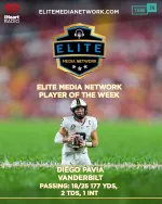 Football player Diego Pavia of Vanderbilt named Elite Media Network Player of the Week with key stats shown.