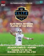 Jackson Arnold of Auburn named Elite Media Network Player of the Week with passing and rushing stats highlighted.