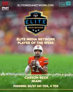 Carson Beck in Miami football uniform holding ball, Elite Media Network Player of the Week graphic overlay.