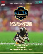 Missouri football player Ahmad Hardy runs with the ball, named Elite Media Network Player of the Week with stats.