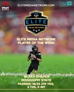 Football player Blake Shapen of Mississippi State named Elite Media Network Player of the Week with stats shown.