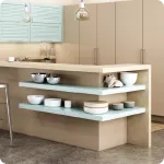 a kitchen with white shelves