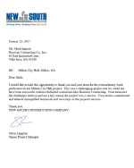 Thank you letter from New South Construction praising Harrison Contracting on Milton City Hall project success.