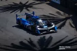 Blue Acura race car speeding on a sunlit track with palm tree shadows on the asphalt.