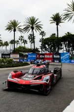 Red Acura race car number 60 racing on a palm tree-lined street circuit with banners in the background.