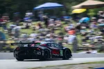 Black and red racing car number 45 speeding on a race track with blurred crowd in the background