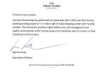 Letter from Pier Park praising Harrison Contracting for exceptional coating work on a 1.2 million sqft retail center.