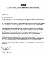 Letter of recommendation from Satterfield & Pontikes Construction praising Harrison Contracting's work quality and teamwork.