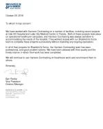Endorsement letter from Brasfield & Gorrie praising Harrison Contracting's healthcare project work dated October 20, 2016