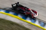 Black and red race car speeding on a curved racetrack with blue and yellow curbs under bright daylight.