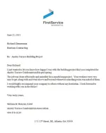 Recommendation letter from FirstService Residential praising Harrison Contracting's work on Ansley Terrace project.