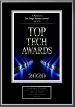 San Diego Business Journal Top Tech Awards 2020 plaque with blue light design and recipient name Anthony Polselli.