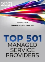 2021 Top 501 managed service providers as published in Channel Futures June 2021 with colorful abstract design.