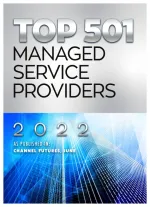 Top 501 managed service providers 2022 list with modern skyscraper background as published in Channel Futures June.