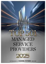 Top 501 Managed Service Providers 2025 cover with futuristic reflective cityscape and gold text by Channel Futures.