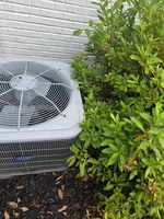 AC Inspection in Atlanta by The Air Company of GA.  Outdoor Carrier air conditioning unit next to green bushes and white brick wall on mulch ground.