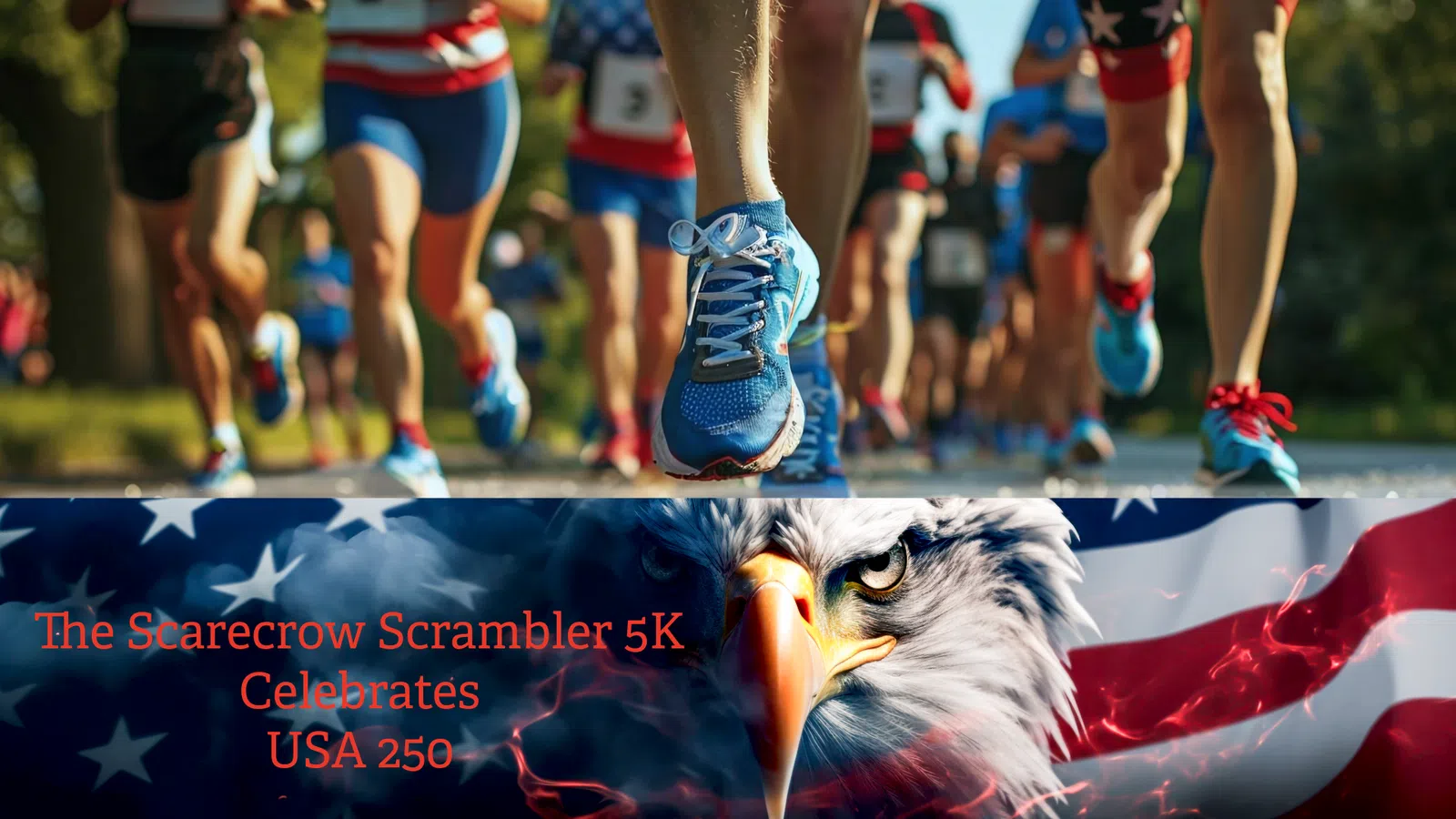 Runners in patriotic outfits participating in The Scarecrow Scrambler 5K with a bald eagle and American flag graphic.