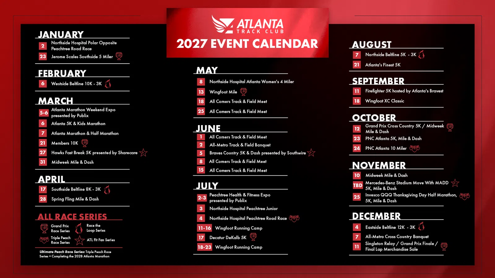Atlanta Track Club 2027 event calendar with race dates and overlaid text listing events by month on red background.