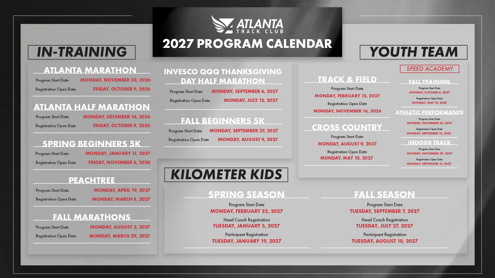Atlanta Track Club 2027 program calendar with training and youth team schedules, with overlaid text reading specific dates and events
