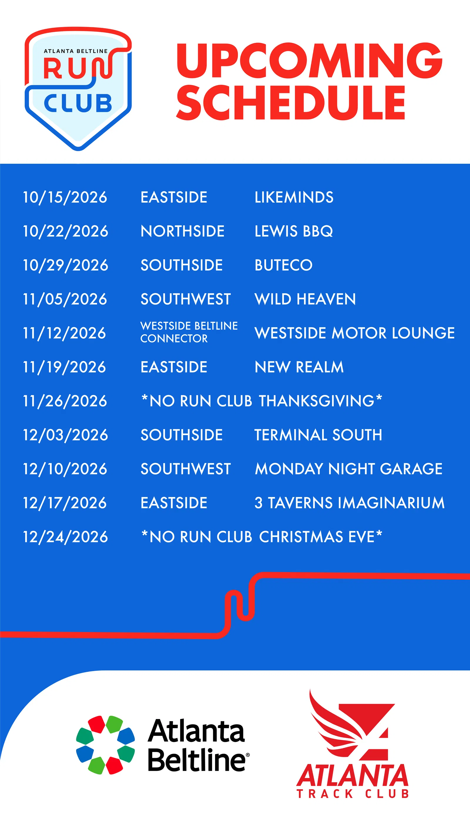 Atlanta Beltline Run Club upcoming schedule with dates, locations, and partner venues from October to December 2026.