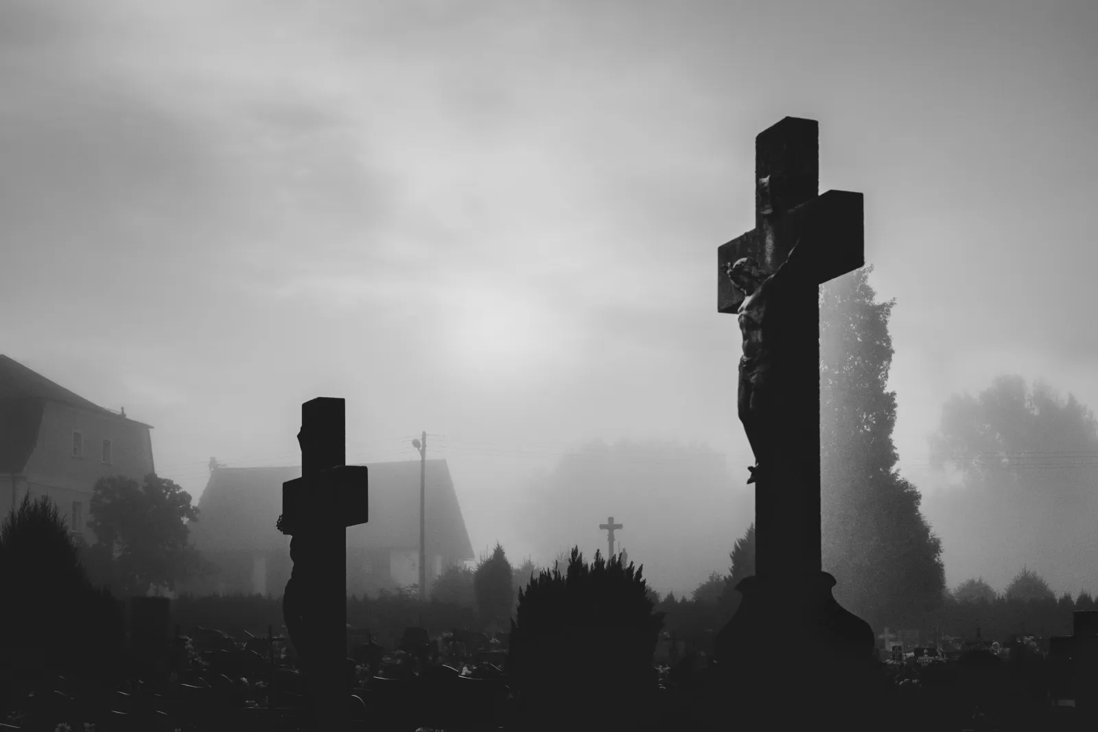 black and white photo in cemetery